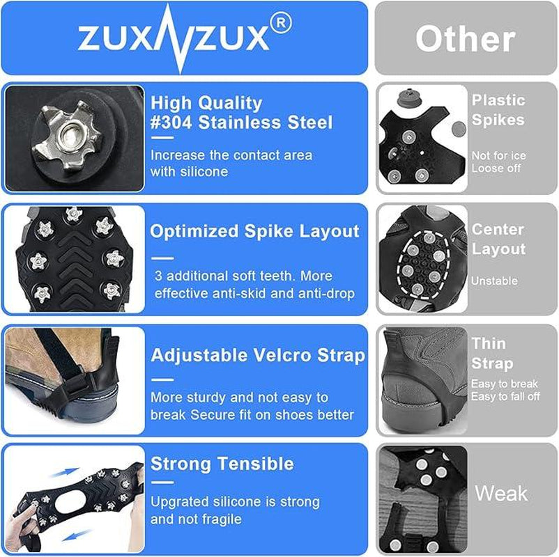 ZUXNZUX Ice Cleats for Shoes & Boots – Silicone Stainless Steel Crampons for Snow & Ice, Perfect for Winter Walking, Hiking & Fishing