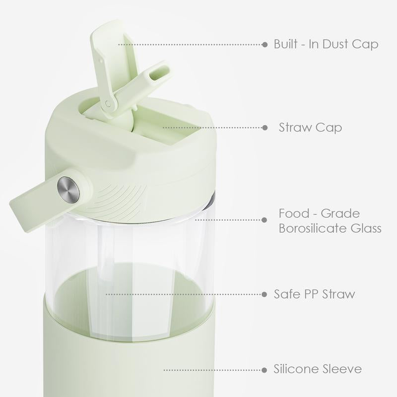 Sandjest 20oz Glass Water Bottle – Reusable, Leakproof, Stylish with Straw Lid & Silicone Sleeve.