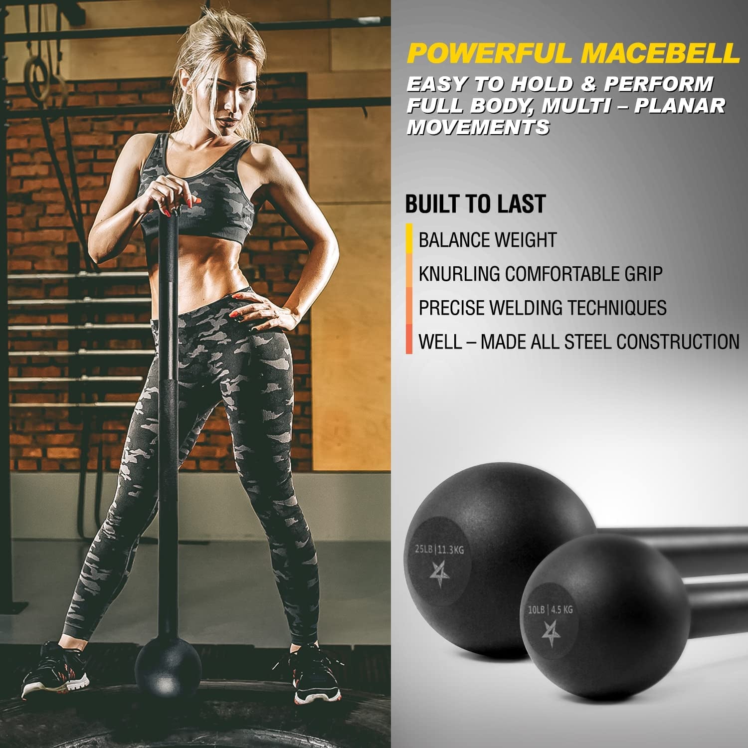  Steel Mace Bell for Total-Body Strength Training Build power, balance, and endurance with this premium steel mace bell. Ideal for full-body workouts targeting shoulders, core, grip, and forearms, it supports strength training, mobility work, and functional fitness. Available in 5–30 lb weights for men and women, it delivers durability, versatility, and real-world strength gains in every session.