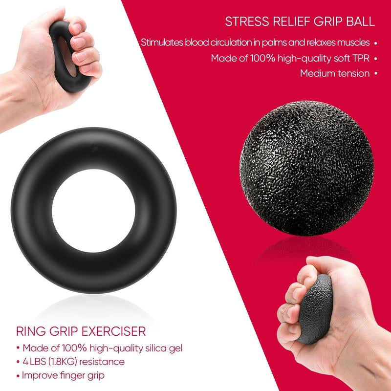  Hand Grip Strengthener Workout Kit (5 Pack) Forearm Grip Adjustable Resistance Hand Gripper, Finger Exerciser and Stretcher, Grip Ring & Stress Relief Grip Ball 