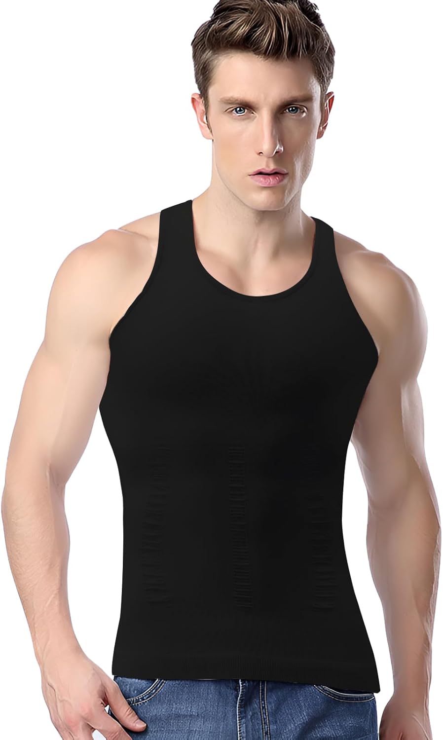 Men’s gynecomastia compression shaper for a flatter chest, firm tummy control, and a clean, confident look under any shirt. Ideal for daily wear and workouts.