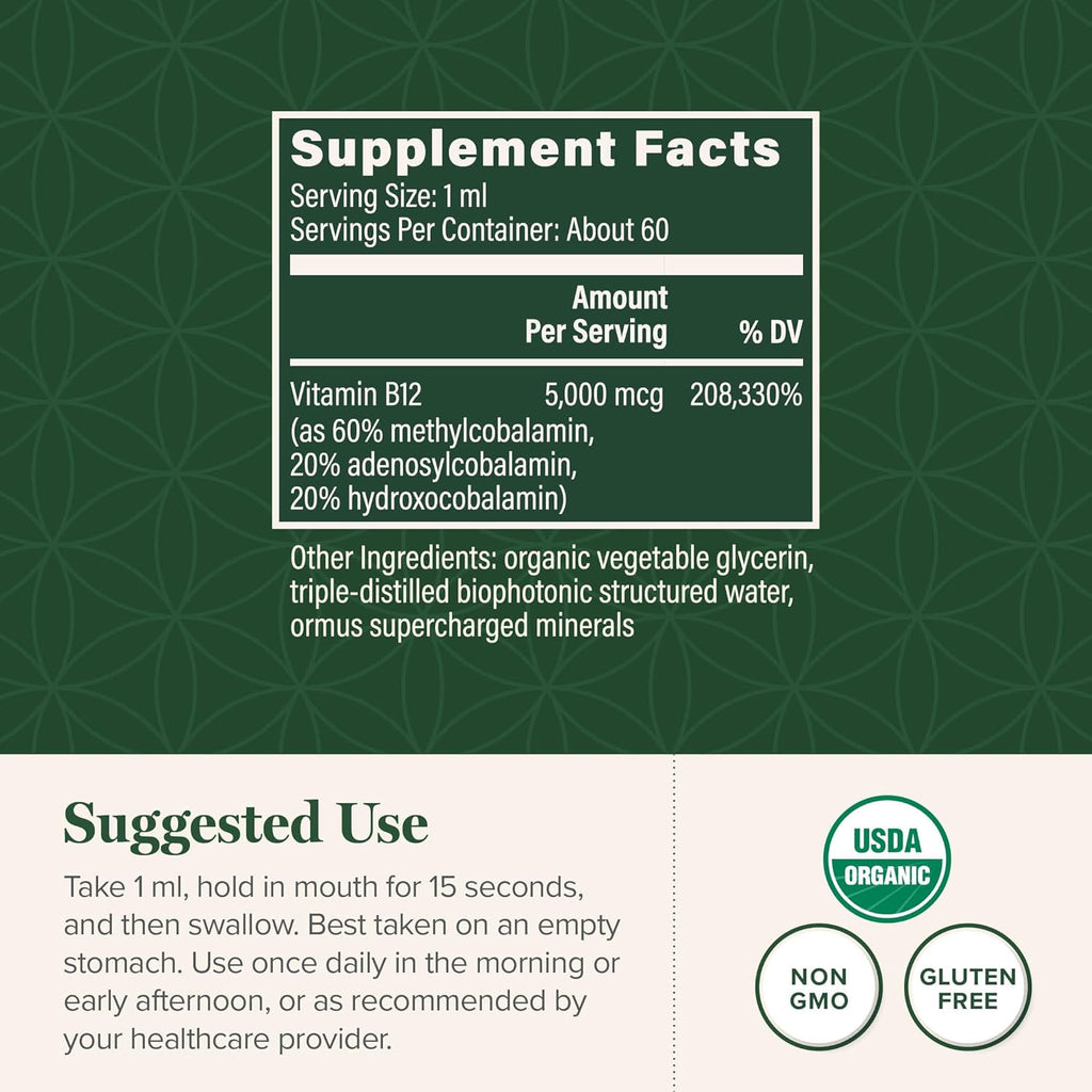 Global Healing - Organic Vitamin B12 5000 MCG Sublingual Liquid - Methylcobalamin, Hydroxo Blend & More - Methylated Drops for Adults - Vegan, Non-Gmo, VIT B12, Vitamins Supplement (2 Oz)
