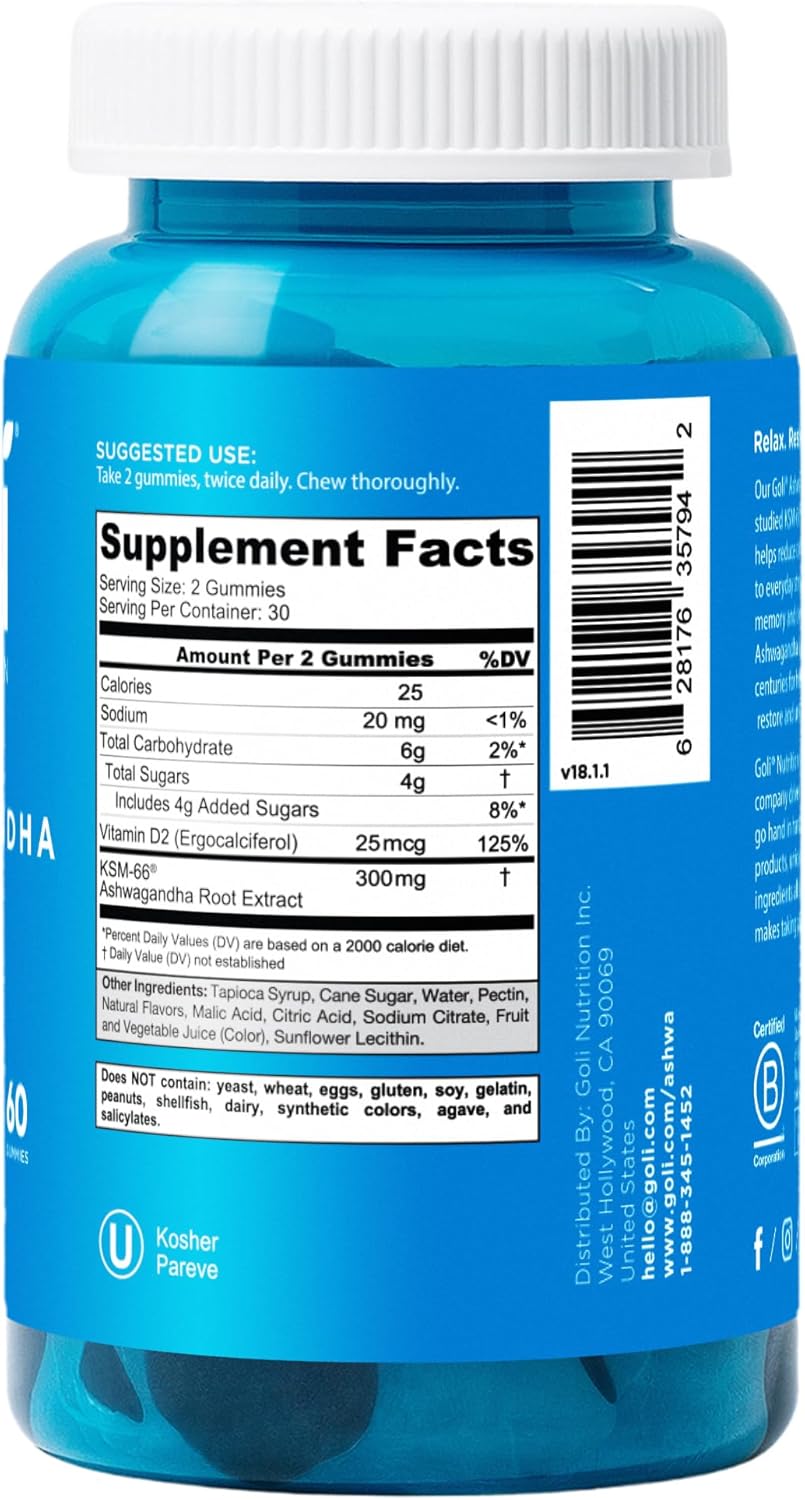 Ashwagandha & Vitamin D Gummy - 60 Count - Mixed Berry, KSM-66, Vegan, Plant Based, Non-Gmo, Gluten-Free & Gelatin Free Relax. Restore. Unwind, Pack of 1