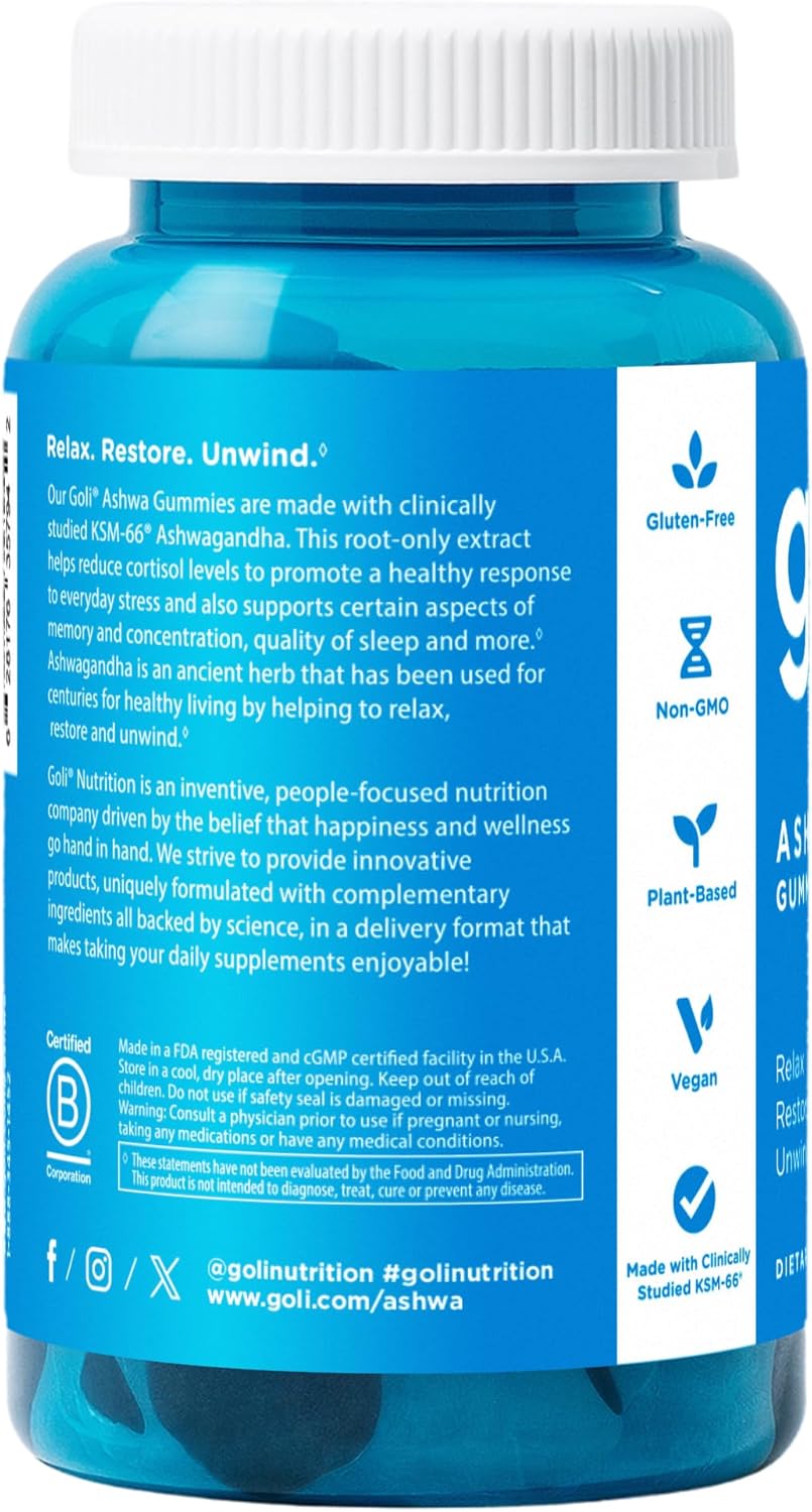 Ashwagandha & Vitamin D Gummy - 60 Count - Mixed Berry, KSM-66, Vegan, Plant Based, Non-Gmo, Gluten-Free & Gelatin Free Relax. Restore. Unwind, Pack of 1