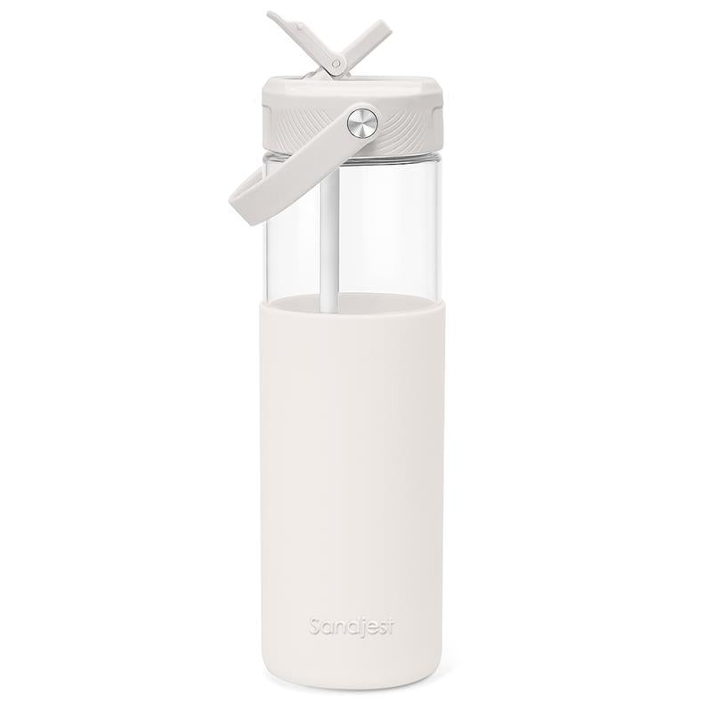 Sandjest 20oz Glass Water Bottle – Reusable, Leakproof, Stylish with Straw Lid & Silicone Sleeve.