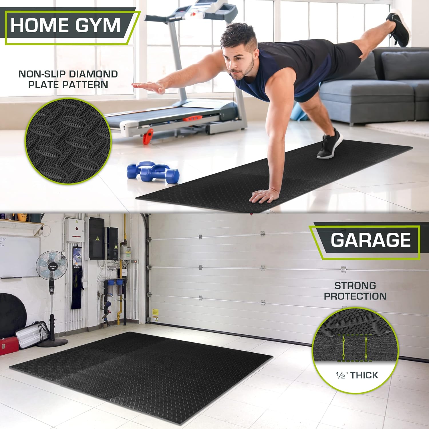 Interlocking EVA Foam Gym Mat ½", 6 Tiles (24 Sq Ft) — Durable, Cushioned Floor Padding for Home Gym or Kids’ Play Area, 24"x24" Black Tiles.