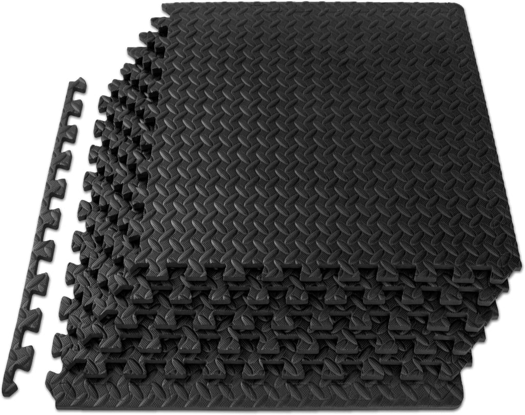 Interlocking EVA Foam Gym Mat ½", 6 Tiles (24 Sq Ft) — Durable, Cushioned Floor Padding for Home Gym or Kids’ Play Area, 24"x24" Black Tiles.