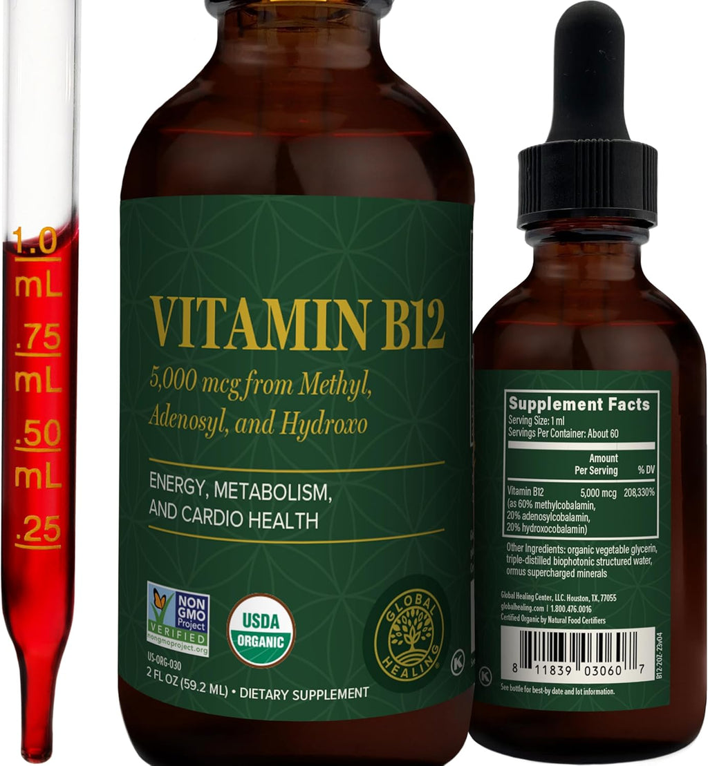 Global Healing - Organic Vitamin B12 5000 MCG Sublingual Liquid - Methylcobalamin, Hydroxo Blend & More - Methylated Drops for Adults - Vegan, Non-Gmo, VIT B12, Vitamins Supplement (2 Oz)