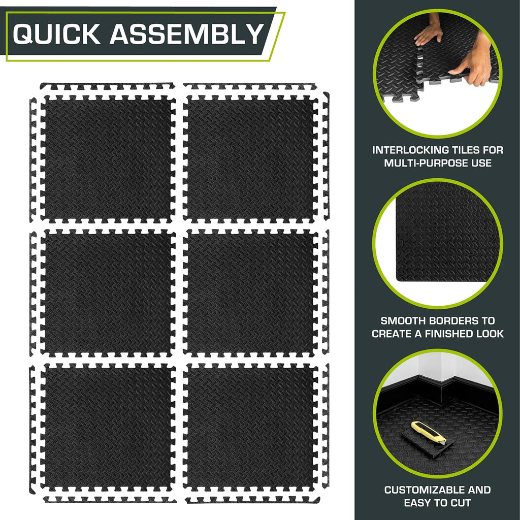 Interlocking EVA Foam Gym Mat ½", 6 Tiles (24 Sq Ft) — Durable, Cushioned Floor Padding for Home Gym or Kids’ Play Area, 24"x24" Black Tiles.