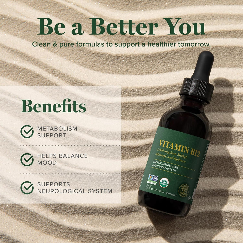 Global Healing - Organic Vitamin B12 5000 MCG Sublingual Liquid - Methylcobalamin, Hydroxo Blend & More - Methylated Drops for Adults - Vegan, Non-Gmo, VIT B12, Vitamins Supplement (2 Oz)