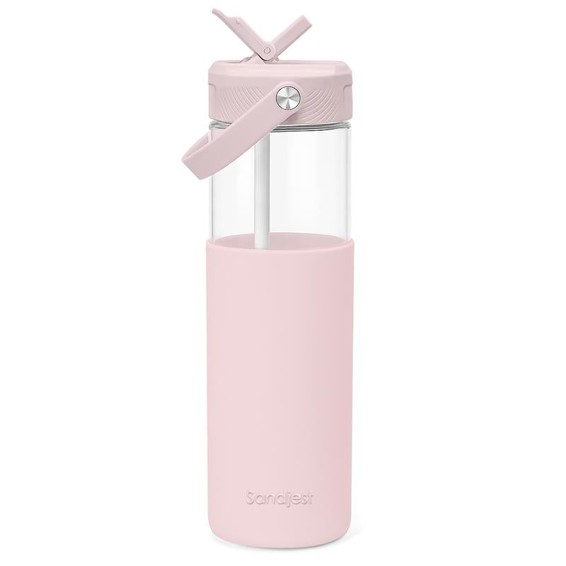 Sandjest 20oz Glass Water Bottle – Reusable, Leakproof, Stylish with Straw Lid & Silicone Sleeve.