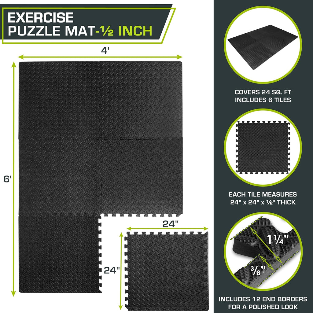 Interlocking EVA Foam Gym Mat ½", 6 Tiles (24 Sq Ft) — Durable, Cushioned Floor Padding for Home Gym or Kids’ Play Area, 24"x24" Black Tiles.