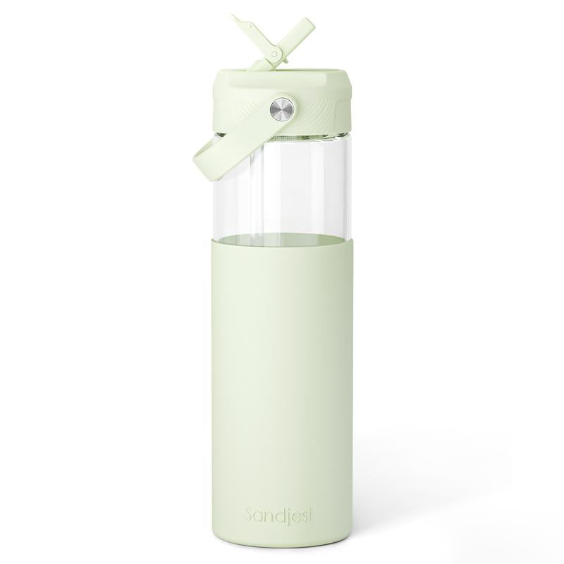 Sandjest 20oz Glass Water Bottle – Reusable, Leakproof, Stylish with Straw Lid & Silicone Sleeve.