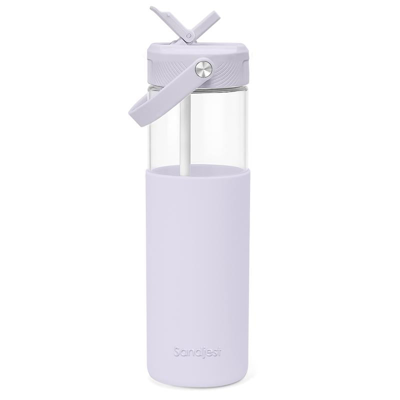 Sandjest 20oz Glass Water Bottle – Reusable, Leakproof, Stylish with Straw Lid & Silicone Sleeve.