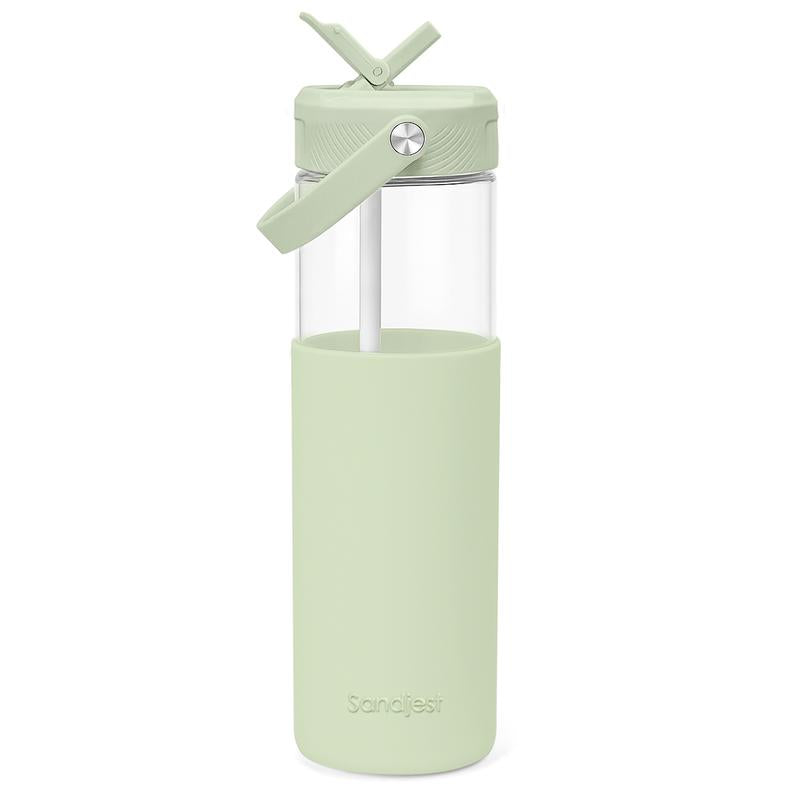 Sandjest 20oz Glass Water Bottle – Reusable, Leakproof, Stylish with Straw Lid & Silicone Sleeve.