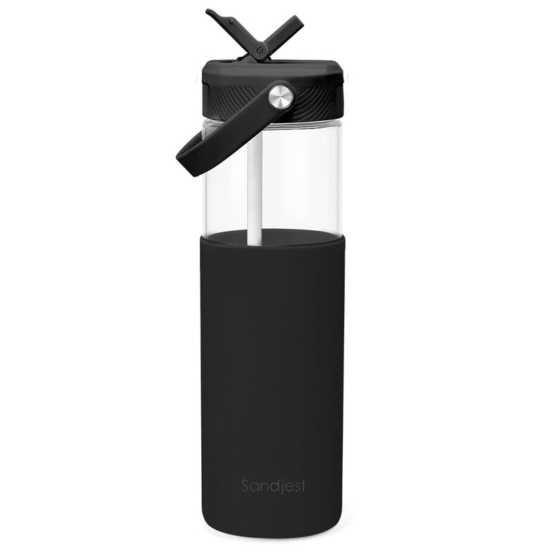 Sandjest 20oz Glass Water Bottle – Reusable, Leakproof, Stylish with Straw Lid & Silicone Sleeve.
