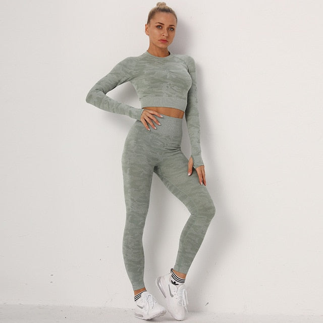 Yoga-Sets Suits Sport Outfits Active Tracksuits Fitness Long Sleeves Crop Tops + High Waist Tummy Control Leggings Sportswear