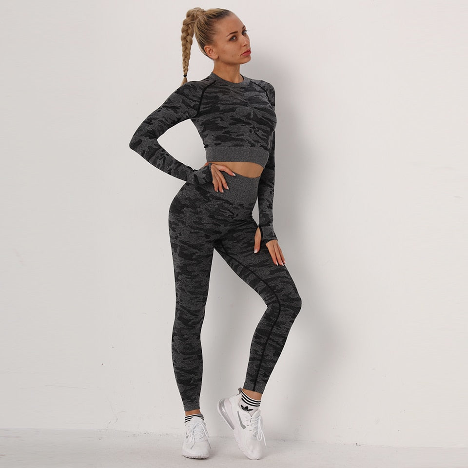 Yoga-Sets Suits Sport Outfits Active Tracksuits Fitness Long Sleeves Crop Tops + High Waist Tummy Control Leggings Sportswear